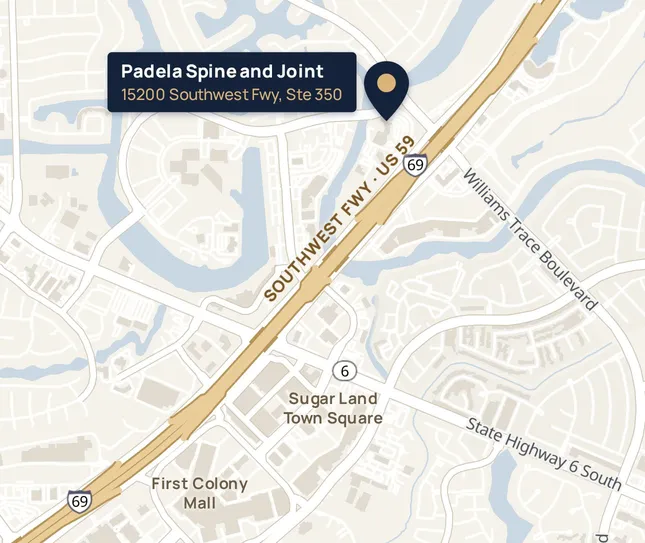 Map showing Padela Spine and Joint at 15200 Southwest Fwy, Ste 350, beside US 59 in Sugar Land, north of Sugar Land Town Square. Opens directions in Google Maps.
